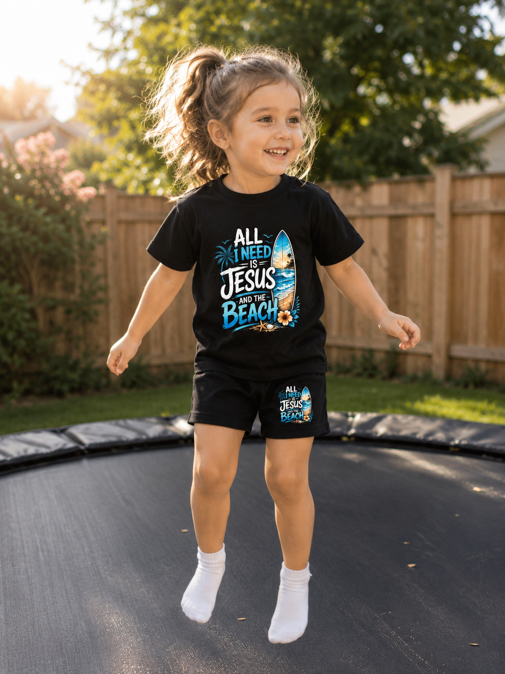 “All I Need Is Jesus And The Beach” Kids Shirt And Shorts Set