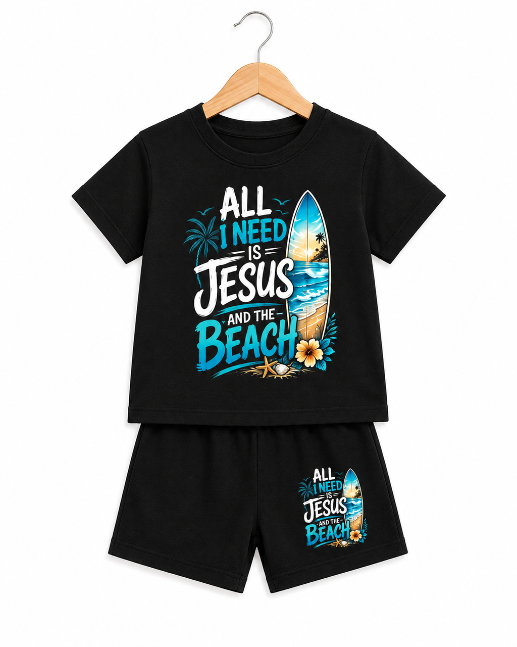 “All I Need Is Jesus And The Beach” Kids Shirt And Shorts Set